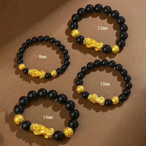 Vista 6 de Pulsera Feng Shui Pixiu de obsidiana negra para hombres y mujeres, pulsera de Feng Shui para buena suerte y riqueza