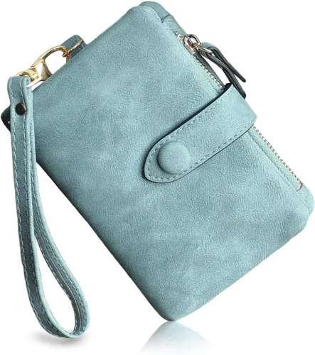 Vista 14 de PofeeXIO Cartera de cuero pequeña para mujer Bifold RFID con muñequera para damas, ranura para tarjetas, ventana para identificación, monedero
