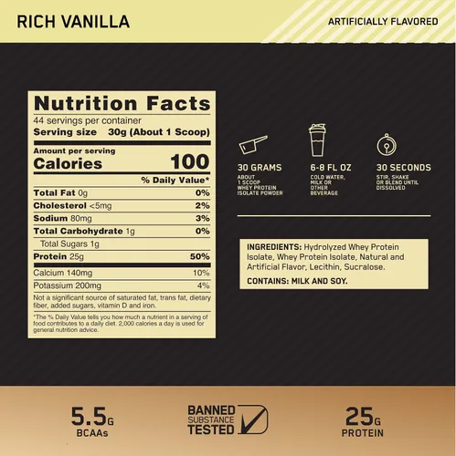 Vista 3 de Optimum Nutrition Gold Standard - Proteína aislada en polvo, vainilla rica, 3 libras