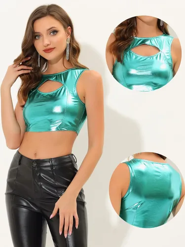 Vista 2 de Allegra K Camiseta corta metálica para mujer, brillante, sin mangas, recortada, para fiesta, club, holográfica