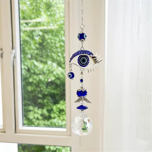Vista 2 de Atrapasoles de ángel azul para decoración de mal de ojo, dije de mal de ojo colgante para ventana de coche, regalo de Navidad, decoración del hogar
