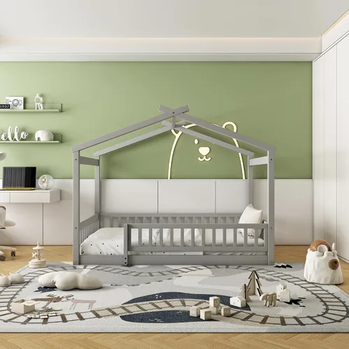Vista 24 de RUNNA Marco de cama de madera de tamaño matrimonial con valla, para niños, adolescentes, niñas, niños, (Natural-Thinck 4col)