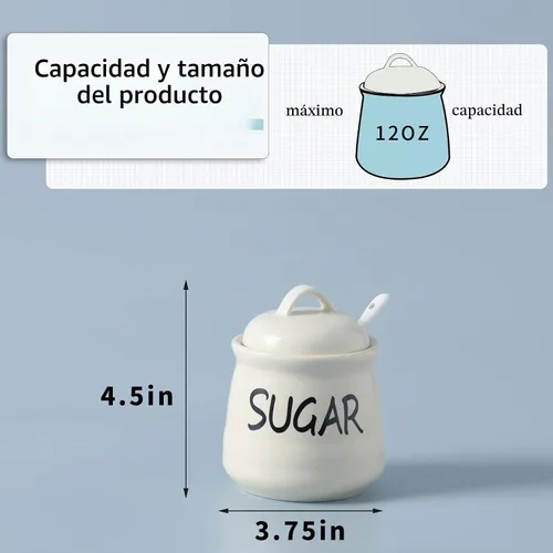 Vista 3 de Tazón de azúcar de porcelana con tapa y cuchara 12oz (Beige)