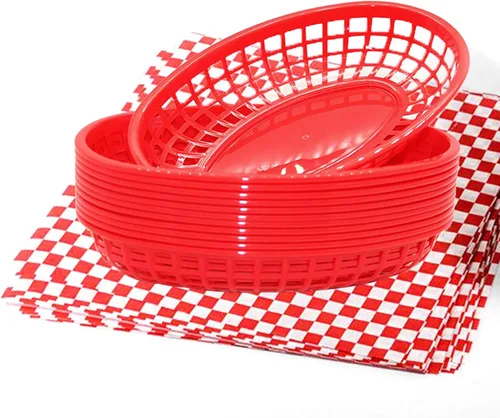 Vista 8 de Combo de cesta de comida rápida de estilo retro (12 unidades) y forro a cuadros (100 unidades). La cesta de comida rápida es apta para lavavajillas.