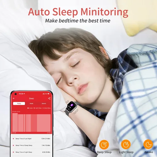 Vista 4 de Reloj de fitness para niños, reloj inteligente impermeable IP68 con esfera de reloj de 1.4 pulgadas, 19 modos deportivos, podómetros, frecuencia