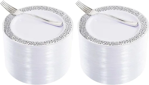 Vista 20 de Platos de postre de plástico plateado con tenedores de plástico, 100 platos cuadrados desechables para aperitivos, platos pequeños con borde Blanco