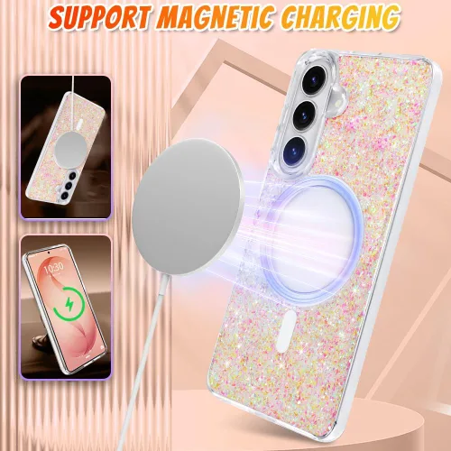 Vista 242 de Bonoma - Funda compatible con Samsung Galaxy S21 Plus, diseño de corazón con purpurina, color rosa Support for MagSafe, Plating Magnetic Case TPU