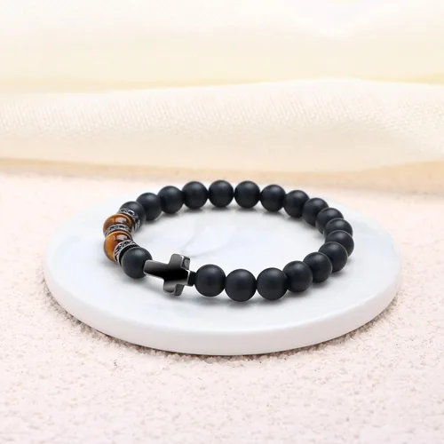 Vista 4 de Pulseras de cruz para hombres, piedra natural, ojo de tigre, pulsera elástica para mujeres y hombres, alivio del estrés, confirmación, regalo