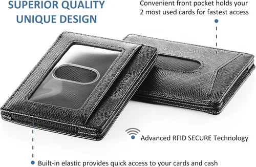Vista 2 de Cartera compacta de manga RFID de cuero minimalista con clip de dinero 10 tarjetas