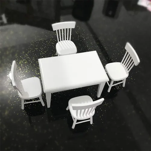 Vista 4 de Accesorios de decoración de casa de muñecas, 1:12 muebles en miniatura de madera blanca mesa de comedor silla modelo conjunto
