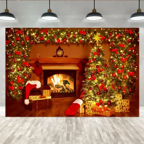 Vista 7 de Lofaris Telón de fondo de Navidad para chimenea, interior vintage, medias de árbol de Navidad, estrellas brillantes, fondo para fotografía, retrato