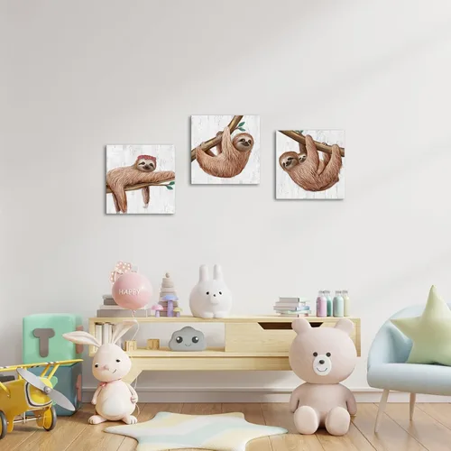 Vista 4 de Artmyharbor Lienzo con estampado de perezoso para bebé, divertido arte de pared de animales, decoración de guardería, imágenes de habitación