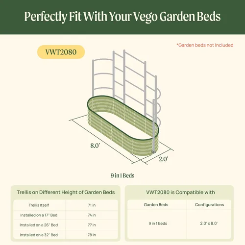 Vista 2 de Vego Garden Sistema modular de enrejado de pared, 8.0 pies de largo para camas de jardín de 2.0 x 8.0 pies (9 en 1), enrejado de jardín para plantas