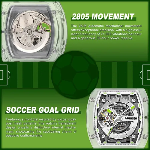 Vista 4 de MINBER Skeleton Automatic Watch, 43mm Dial with Luminous Hands, Self Winding Watch, 3 ATM Waterproof, TR90 Plastic, Business Casual Sporty Design