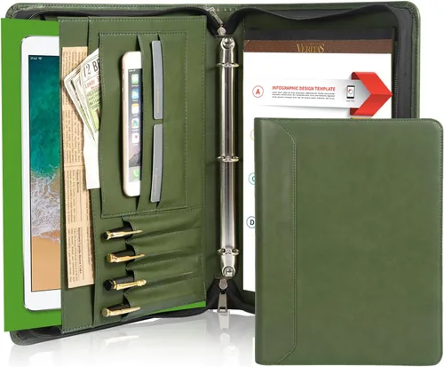 Vista 15 de AZXCG Padfolio - Carpeta de 3 anillos para mujer, carpeta de negocios de cuero vegano con cremallera, organizador de cuadernos de documentos