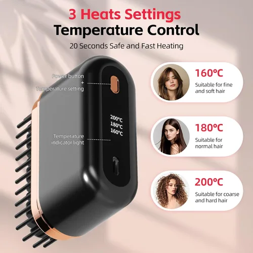 Vista 5 de Mini cepillo alisador de pelo, alisador de pelo portátil, peine alisador de viaje inalámbrico para mujeres, cepillo de calentamiento rápido