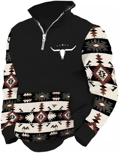 Vista 14 de LOAIHA Native American - Sudadera con capucha para hombre, manga larga, cremallera de 1/4, chaqueta vaquera