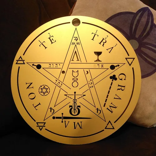 Vista 4 de Pentagrama de madera hecho a mano de 12 pulgadas con tetragrama grande y símbolos elementales, estrella empoderadora con nombres de Dios