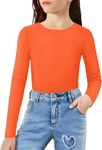 Vista 8 de Arshiner Camisas de punto acanalado de manga larga para niñas, suaves, ajustadas, cuello redondo, casual, capa base Blanco