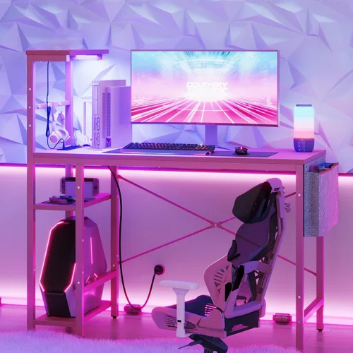 Vista 19 de Bestier - Escritorio de juegos con luces LED, escritorio para PC de 44 pulgadas para espacios pequeños, escritorio de computadora con estantes
