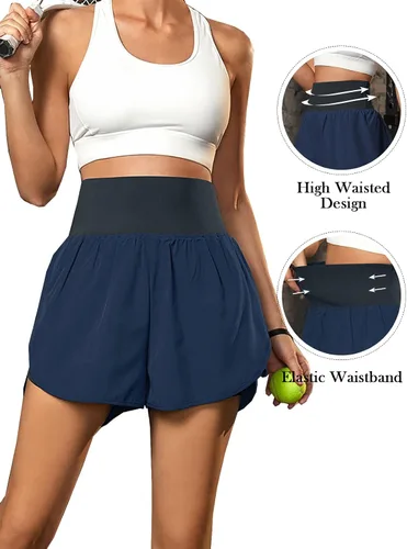 Vista 2 de BMJL Pantalones cortos de correr 2 en 1 para mujer, pantalones cortos deportivos de entrenamiento con bolsillos de cintura alta, pantalones cortos
