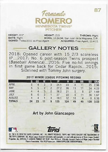 Vista 2 de 2018 Topps Gallery Artist Proof #87 Fernando Romero NM-MT Twins