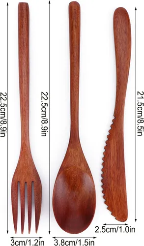 Vista 2 de Juego de cubiertos de madera Cuchara Tenedor Cuchillo Cubiertos de Madera Vajilla Vajilla Portátil con Bolsa