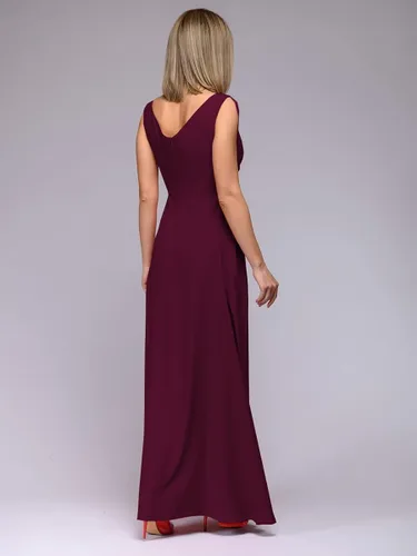 Vista 4 de NIYIGEJI Vestido largo de manga corta con cuello en V profundo para mujer, plisado, cintura alta, abertura, club, fiesta, noche, vestido largo, Rojo