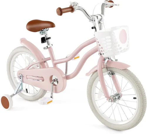 Vista 10 de HONEY JOY Bicicleta para niños de 12, 14, 16, 18, 20 pulgadas, con ruedas de entrenamiento, freno de mano y freno de posavasos, cadena totalmente