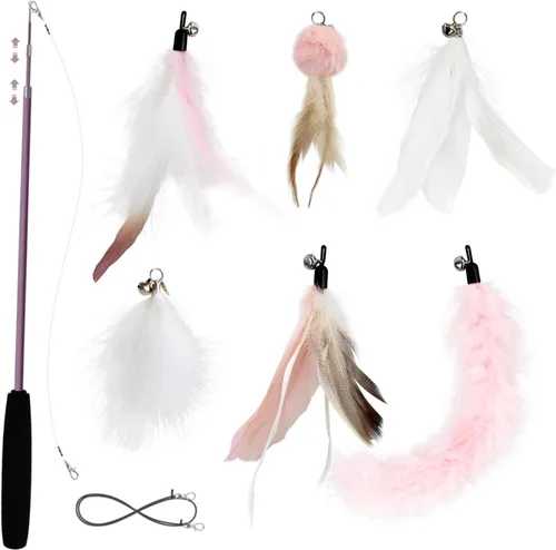 Vista 7 de SONGWAY Juego de juguetes interactivos de plumas para gatos, varita retráctil con 6 recambios de plumas con campana, juguetes de varita para gatos