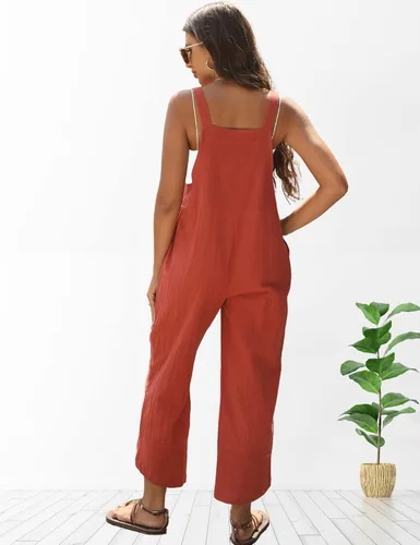Vista 7 de Gozoloma Overol de lino y algodón holgado con dobladillo de pétalos para mujer, estilo casual y holgado