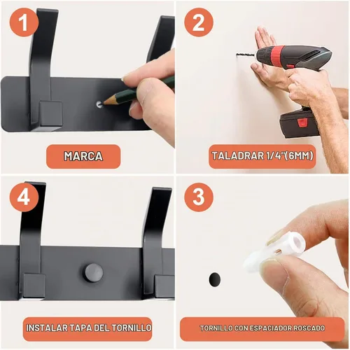 Vista 6 de Perchero montado en la pared, 5 ganchos para colgar abrigos, riel de metal resistente de doble gancho, perchero con ganchos, perchero de montaje