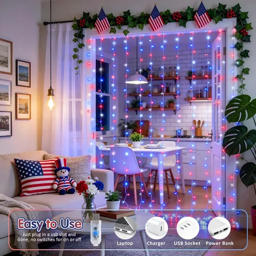 Vista 2 de JMEXSUSS 200 luces LED de cortina rojas, blancas y azules, 6.5 pies x 6.5 pies, 4 de julio, luces USB enchufables, 8 modos patrióticos de cortina