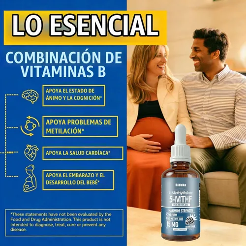 Vista 5 de L-metilfolato orgánico 15 mg + metil B12 1000mcg gotas líquidas, 60 porciones
