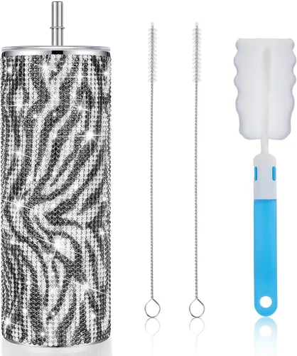 Vista 18 de Tessco Vasos Tumbler con Pedrería Brillante con Pajita Botella de Agua con Purpurina Tumbler de Pajita de Acero Inoxidable Vaso Aislado con Pedrería