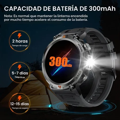 Vista 5 de Reloj inteligente militar para hombres con linterna LED 1.45 "HD 3ATM