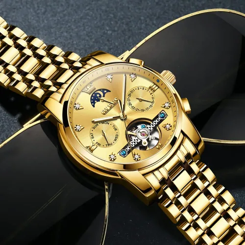 Vista 5 de OLEVS Men Automatic Watch Skeleton Moon Phase Dial Luxury Dress Stainless Steel Strap 5 Hands Diamond Men Wrist Watches