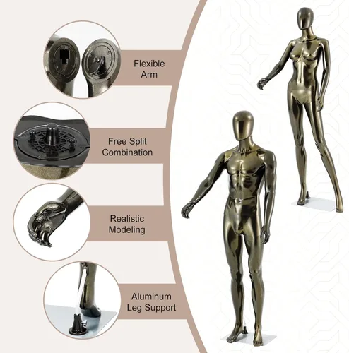 Vista 3 de Maniquí masculino y femenino de cuerpo completo de bronce, 2 piezas de maniquíes ajustables soporte de maniquíes realistas juego de exhibición