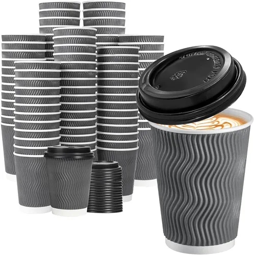 Vista 10 de Lamosi Paquete de 50 tazas de café desechables aisladas de 12 onzas con Gris