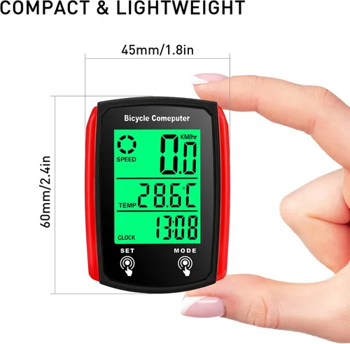 Vista 8 de Computadora de bicicleta, computadora de bicicleta con cable, 19 funciones, velocímetro, impermeable, con retroiluminación Rojo
