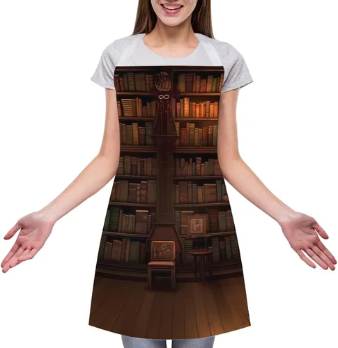 Vista 3 de Personalized Book Room Library Adult Apron, Kitchen Cooking Aprons for Woman Man, Adjustable Bib Apron with Pocket for Baking, BBQ Crafting