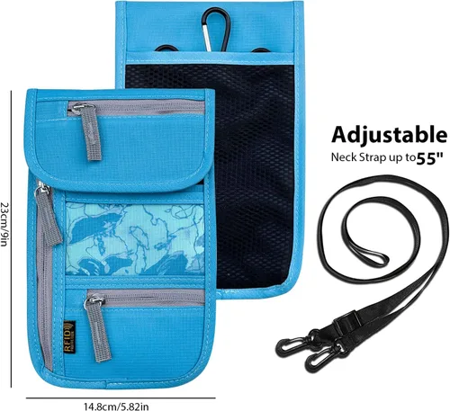 Vista 2 de Cartera de viaje para el cuello, soporte con bloqueo RFID para pasaporte con correa ajustable para hombres y mujeres para mantener efectivo
