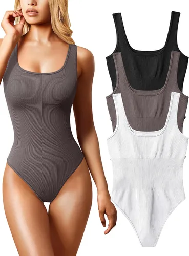 Vista 9 de OQQ Body de 3 piezas para mujer, sexy, acanalado, sin mangas, cuello cuadrado, camiseta sin mangas, leotardo, trajes de moda 2025 negro azul blanco