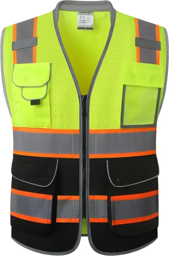 Vista 46 de JKSafety Chaleco de seguridad frontal con cremallera de alta visibilidad Clase 2 de 9 bolsillos con tiras reflectantes, cumple con las normas