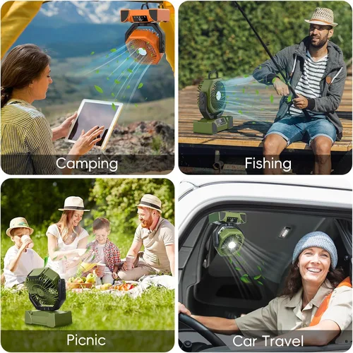 Vista 8 de Ventilador de camping portátil de 20000mAh, ventilador recargable alimentado por batería con control remoto y oscilación, pantalla LED, luz