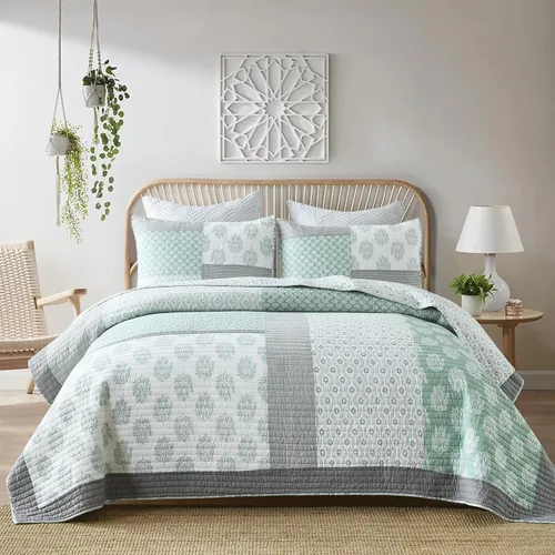 Vista 13 de KALOOLA - Juego de ropa de cama con colcha acolchada de retazos tamaño queen, 100% algodón, colcha ligera con 2 fundas de almohada, colcha