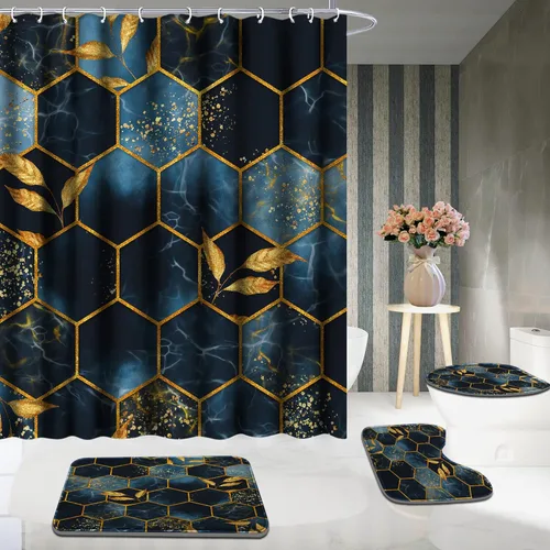 Vista 5 de Poedist Juego de 4 cortinas de ducha de baño, juegos de baño con alfombras (tapete de baño, forma de U y tapa de inodoro) y 12 ganchos, mármol