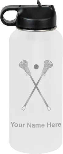 Vista 33 de LaserGram Botella de agua personalizada, palitos de lacrosse, acero inoxidable de doble pared aislada al vacío con popote superior, regalo grabado