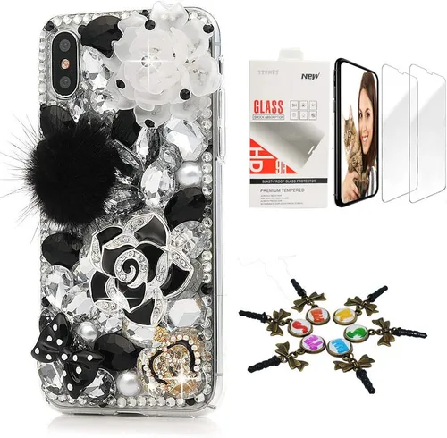 Vista 6 de Sparkle Funda compatible con iPhone 12, elegante funda 3D hecha a mano con diseño de mariposa, rosas, diamantes de imitación y purpurina