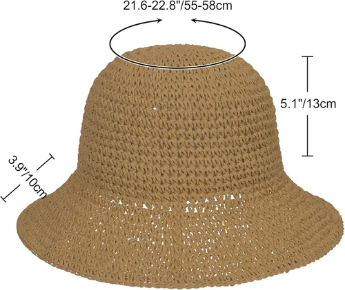 Vista 3 de Sombrero de sol para mujer, hecho a mano, cubo de paja de ganchillo para verano, plegable, gorra de viaje Caqui